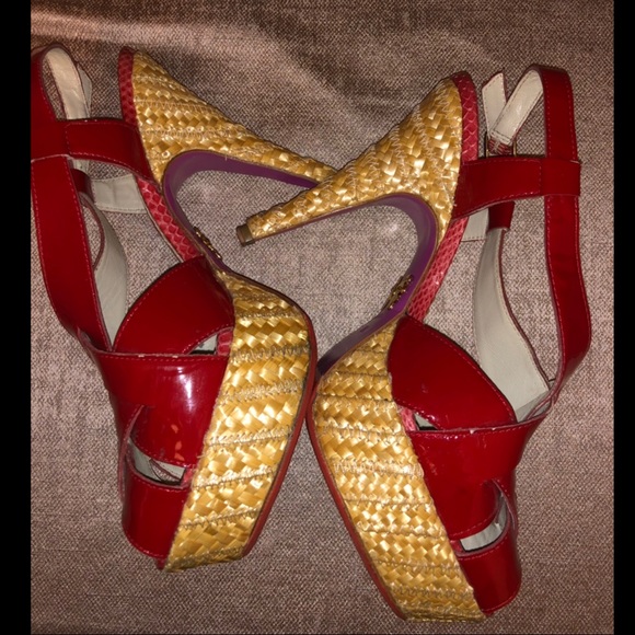 Betsey Johnson RED patent leather woven heel shoe - Picture 1 of 7